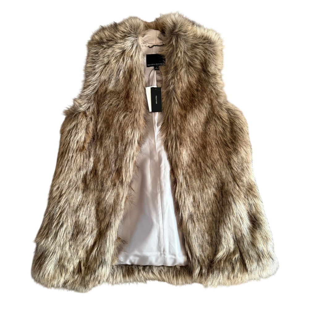 NWT Banana Republic Faux Fur Vest Natural Brown Beige Sleeveless Jacket Small